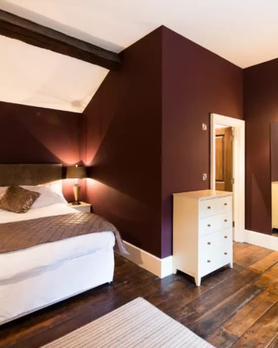 Cosy bedroom with deep burgundy walls and skylight